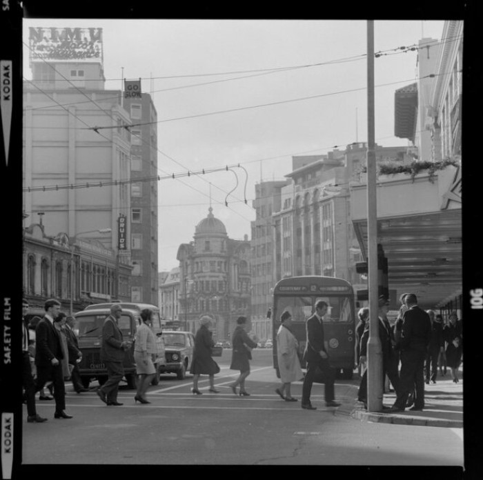 Lambton Quay and the Public Trust building, Wellington, in the 1960s. DW-3350-F Alexander Turnbull Library